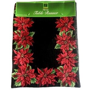 Christmas Poinsettia Table Runner Tapestry Satin Backed Winter Holiday 13x72
